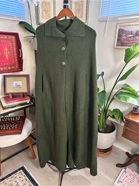 Reserved Green Knit Longline Cape Coat Dark Forest Green